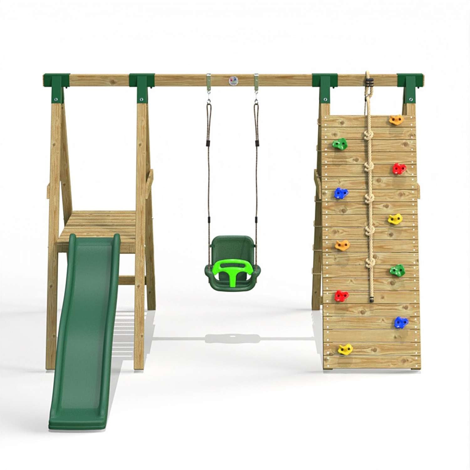 Little Rascals Single Swing Set with Slide, Climbing Wall/Net & 3 in 1 Baby Seat