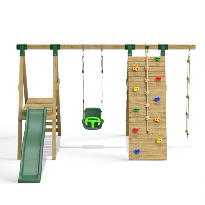 Little Rascals Single Swing Set with Slide, Climbing Wall/Net, 3 in 1 Baby Seat & Rope Ladder