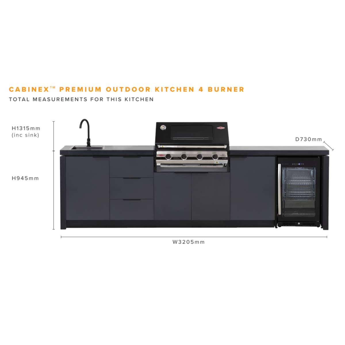 Cabinex Premium Outdoor Kitchen with BeefEater 1600S 4 Burner BBQ & Fridge (CABODK4P1640SAE)