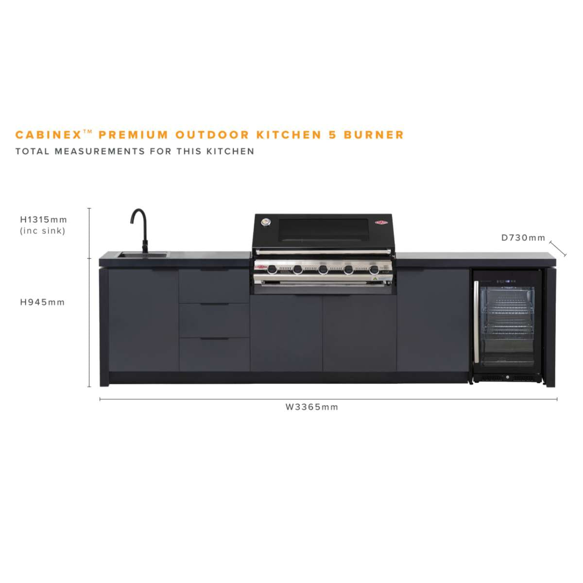 Cabinex Premium Outdoor Kitchen with BeefEater 1500 5 Burner BBQ & Fridge (CABODK5P1550GA)