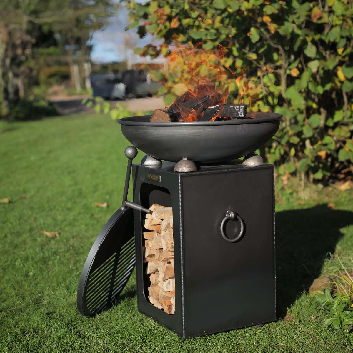 Firepits UK Fire Bowl with Log Store with Swing Arm BBQ Rack