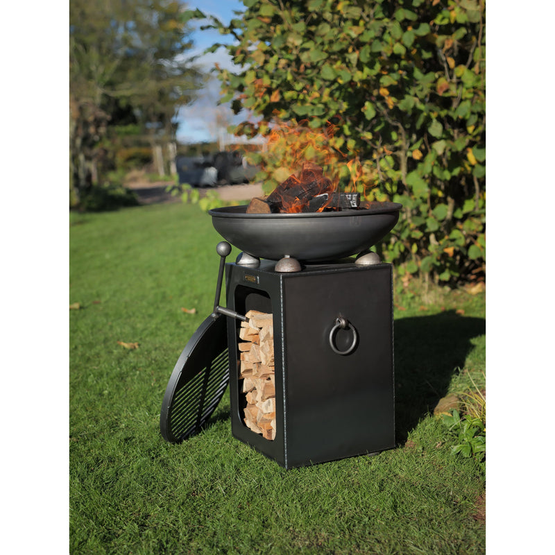 Firepits UK Fire Bowl with Log Store with Swing Arm BBQ Rack 60cm (up to 6 people) FPLGST60SWA