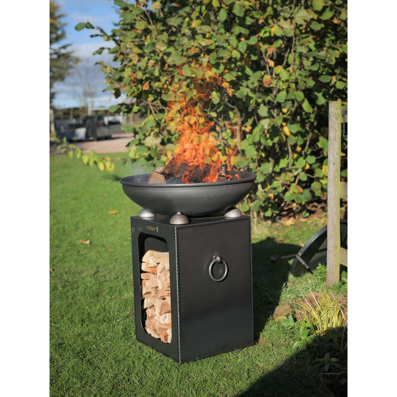 Firepits UK Fire Bowl with Log Store with Swing Arm BBQ Rack 70cm (up to 8 people) FPLGST70SWA