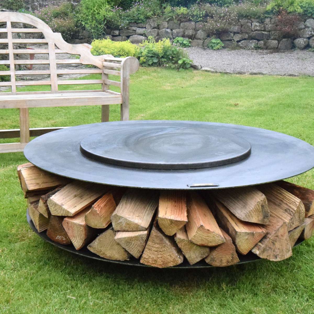 Firepits UK Flat Ring of Logs with Swing Arm BBQ Rack 120cm FLTROL120SWA