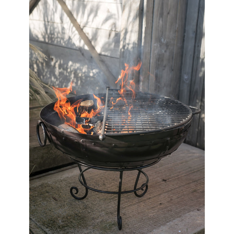 Firepits UK Indian Fire Bowl with Half Moon BBQ Rack 80cm (up to 10 people) KAD80