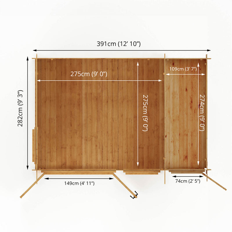 Mercia 19mm Pent Log Cabin With Side Shed (13x10) (4.1m x 3m) (SI-006-001-0039 EAN 5029442014647)