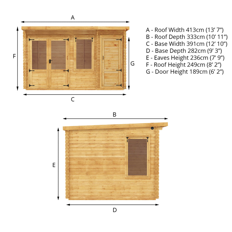 Mercia 19mm Pent Log Cabin With Side Shed (13x10) (4.1m x 3m) (SI-006-001-0039 EAN 5029442014647)