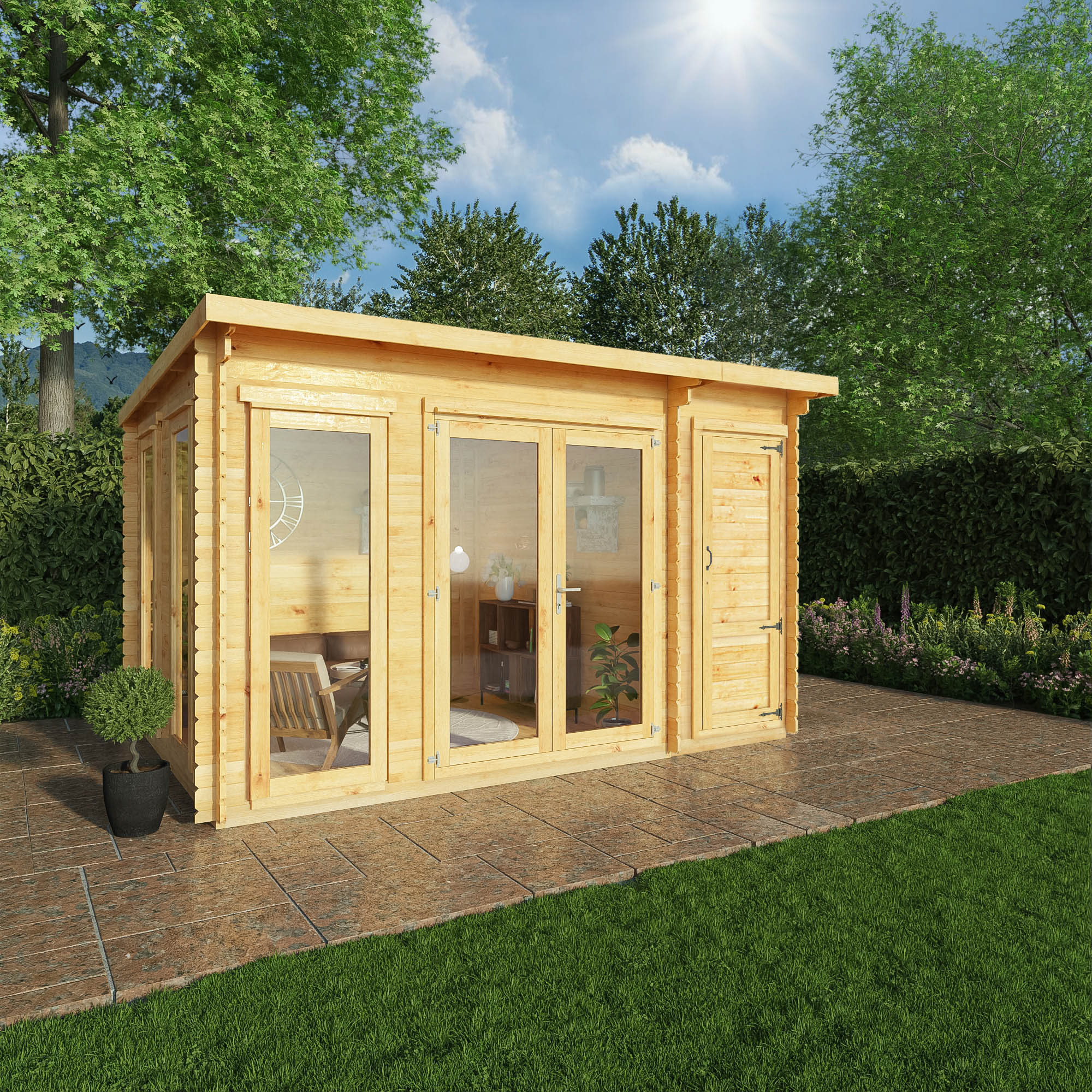 Mercia 28mm Studio Pent Log Cabin With Side Shed (13x10) (4.1m x 3m) (SI-006-002-0072 EAN 5029442019109)