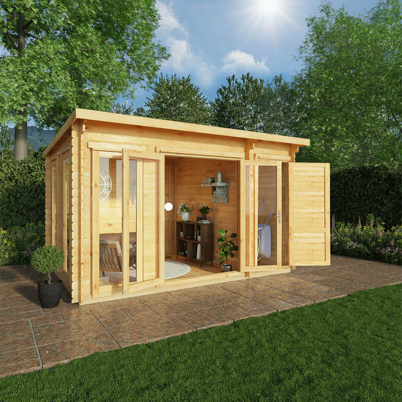 Mercia 28mm Studio Pent Log Cabin With Side Shed (13x10) (4.1m x 3m) (SI-006-002-0072 EAN 5029442019109)