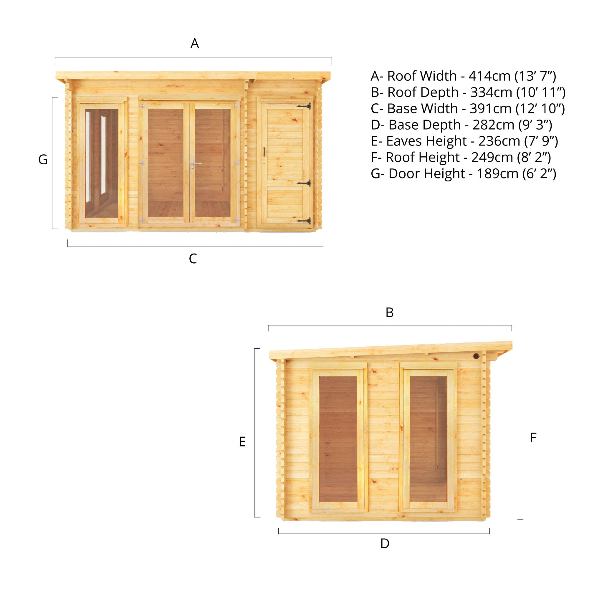 Mercia 28mm Studio Pent Log Cabin With Side Shed (13x10) (4.1m x 3m) (SI-006-002-0072 EAN 5029442019109)