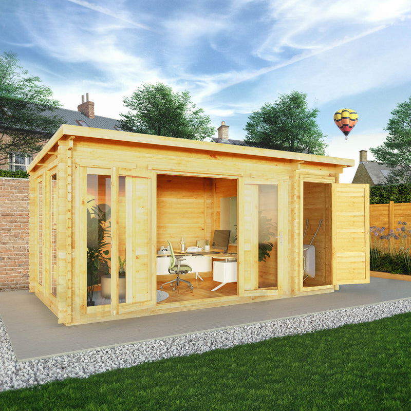 Mercia 28mm Studio Pent Log Cabin With Side Shed (17x10) (5.1m x 3m) (SI-006-002-0073 EAN 5029442019116)