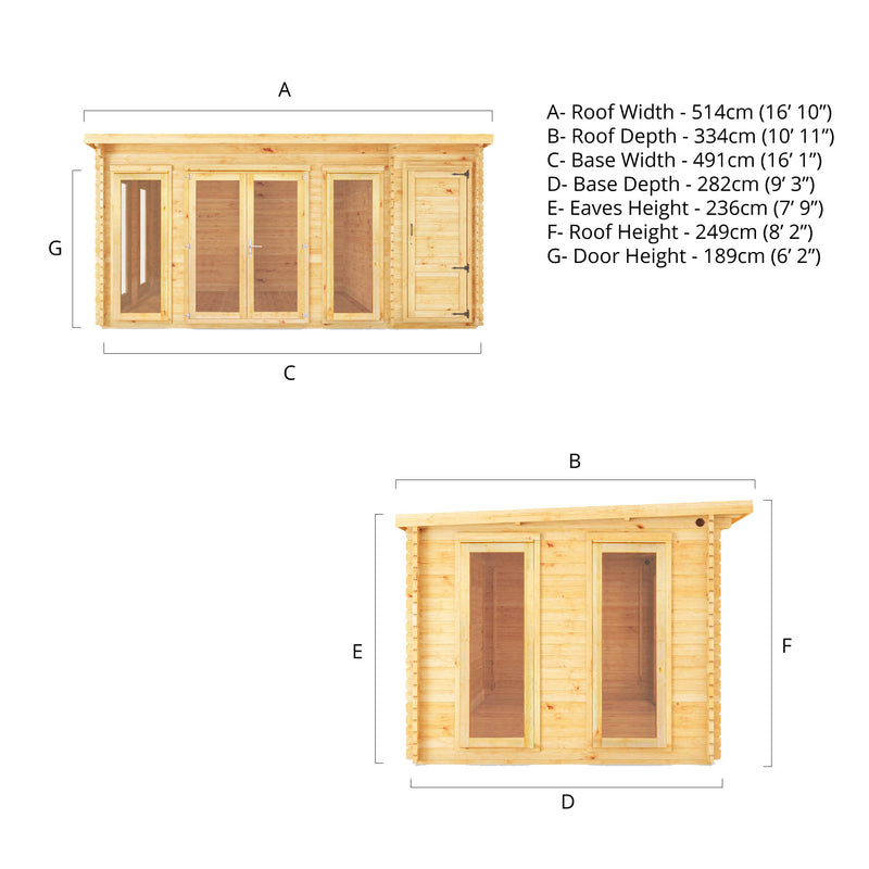 Mercia 28mm Studio Pent Log Cabin With Side Shed (17x10) (5.1m x 3m) (SI-006-002-0073 EAN 5029442019116)