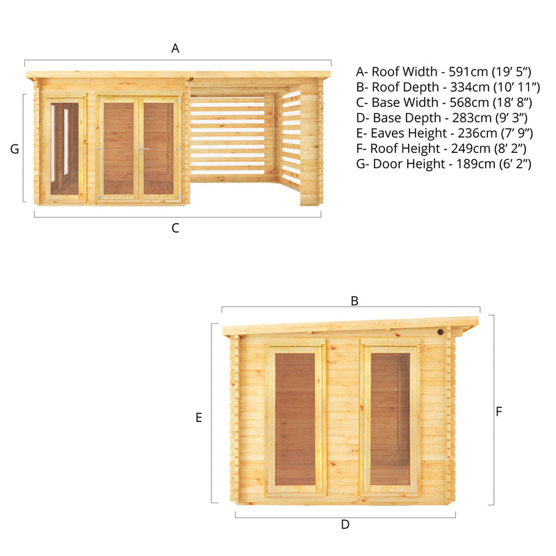 Mercia 28mm Studio Pent Log Cabin With Slatted Area (20x10) (6m x 3m) (SI-006-002-0077 EAN 5029442019123)