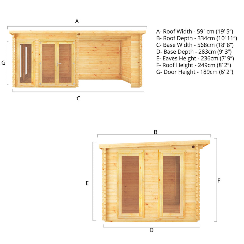 Mercia 34mm Studio Pent Log Cabin With Patio Area (20x10) (6m x 3m) (SI-006-003-0085 EAN 5029442005768)