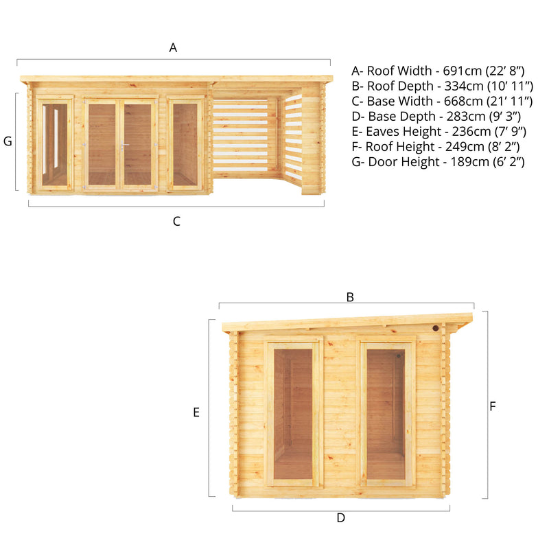 Mercia 34mm Studio Pent Log Cabin With Slatted Area (23x10) (7m x 3m) (SI-006-003-0102 EAN 5029442019161)