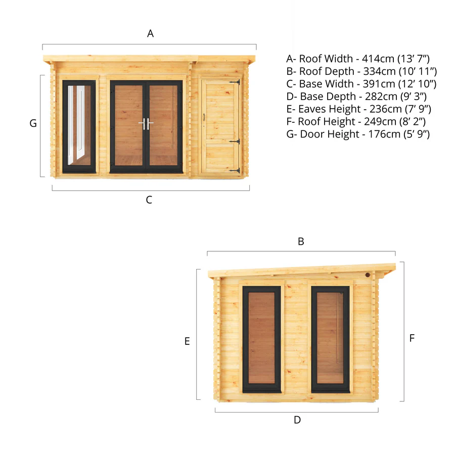 Mercia 44mm Studio Pent Log Cabin With Side Shed (13x10) (4.1m x 3m) (SI-006-040-0003 EAN 5029442018904)