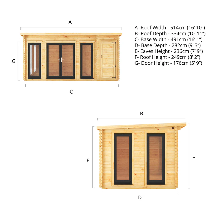 Mercia 44mm Studio Pent Log Cabin With Side Shed (17x10) (5.1m x 3m) (SI-006-040-0004 EAN 5029442018942)