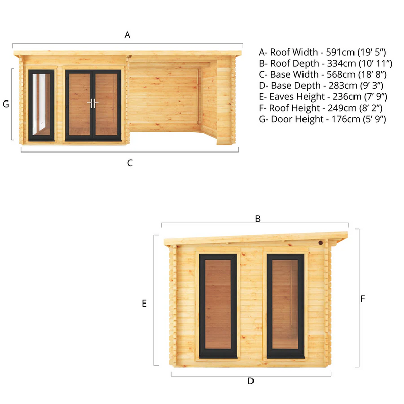 Mercia 44mm Studio Pent Log Cabin With Patio Area (20x10) (6m x 3m) (SI-006-040-0005 EAN 5029442018973)