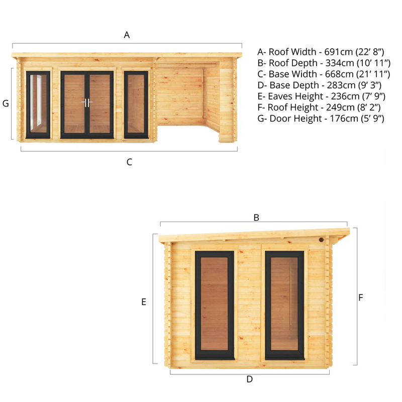 Mercia 44mm Studio Pent Log Cabin With Patio Area (23x10) (7m x 3m) (SI-006-040-0006 EAN 5029442019031)