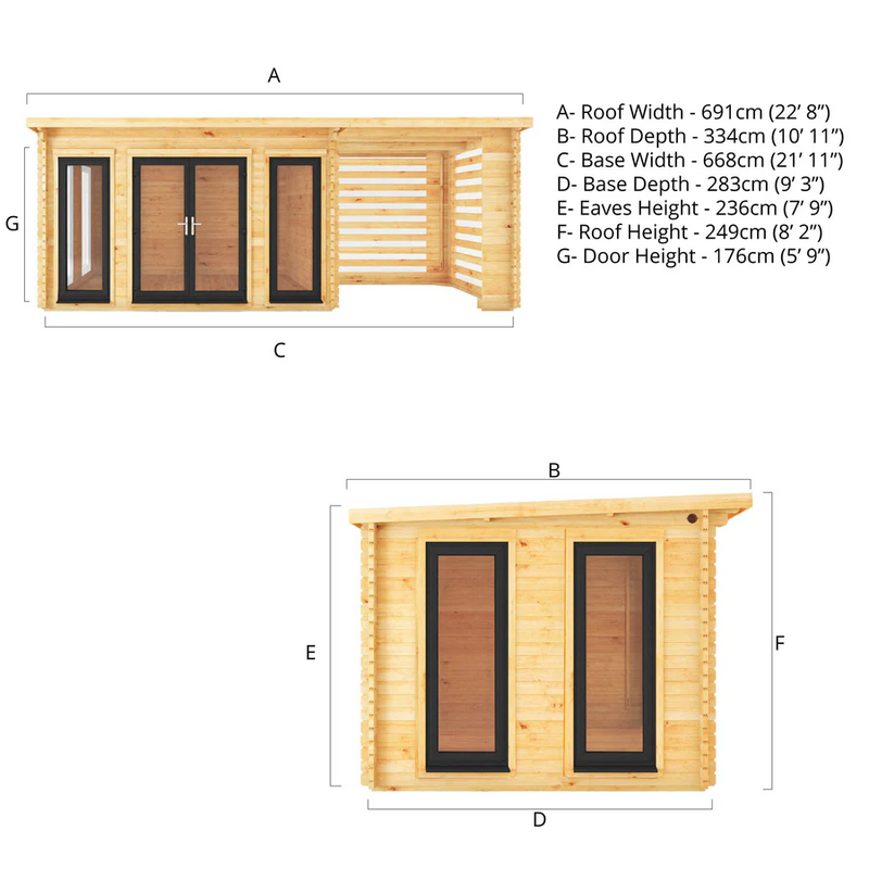 Mercia 44mm Studio Pent Log Cabin With Slatted Area (23x10) (7m x 3m) (SI-006-040-0008 EAN 5029442019062)