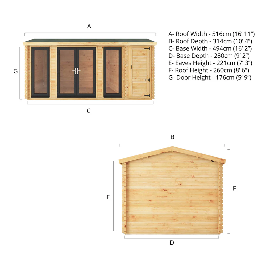 Mercia 44mm Home Office Studio With Side Shed (17x10) (5.1m x 3m) (SI-006-040-0027 EAN 5029442019703)