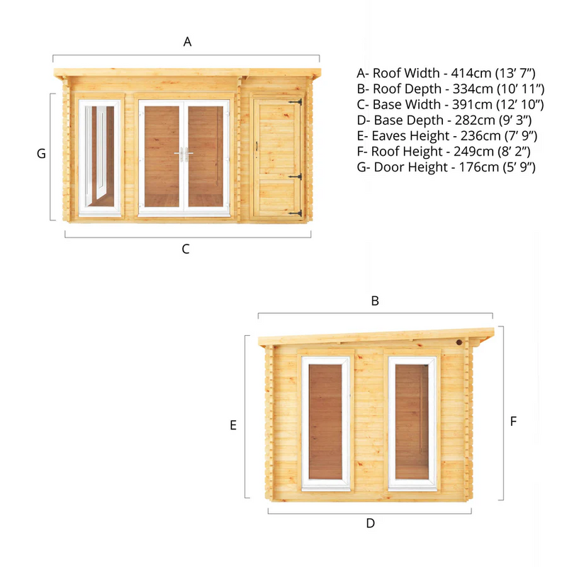 Mercia 44mm Studio Pent Log Cabin With Side Shed (13x10) (4.1m x 3m) (SI-006-041-0003 EAN 5029442018881)