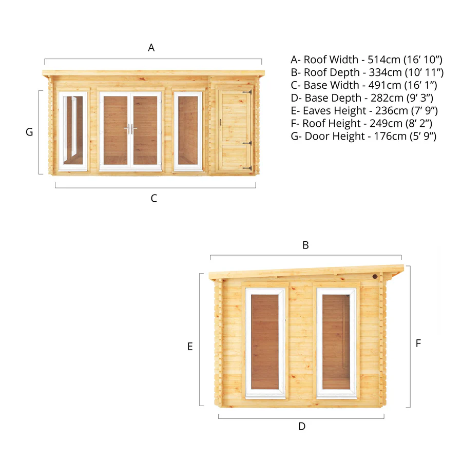 Mercia 44mm Studio Pent Log Cabin With Side Shed (17x10) (5.1m x 3m) (SI-006-041-0004 EAN 5029442018928)