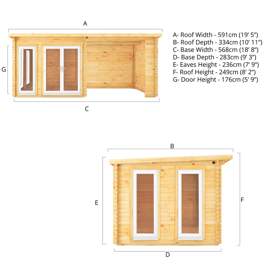 Mercia 44mm Studio Pent Log Cabin With Patio Area (20x10) (6m x 3m) (SI-006-041-0005 EAN 5029442018959)