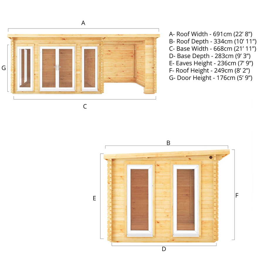 Mercia 44mm Studio Pent Log Cabin With Patio Area (23x10) (7m x 3m) (SI-006-041-0006 EAN 5029442019017)