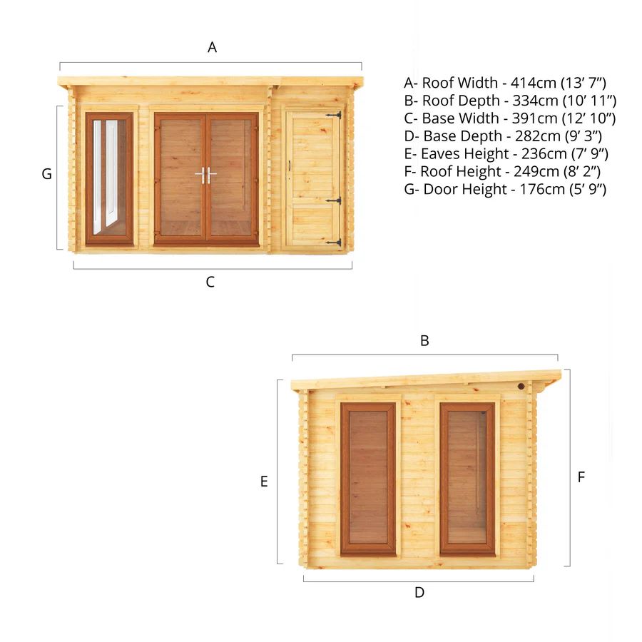 Mercia 44mm Studio Pent Log Cabin With Side Shed (13x10) (4.1m x 3m) (SI-006-042-0003 EAN 5029442018898)