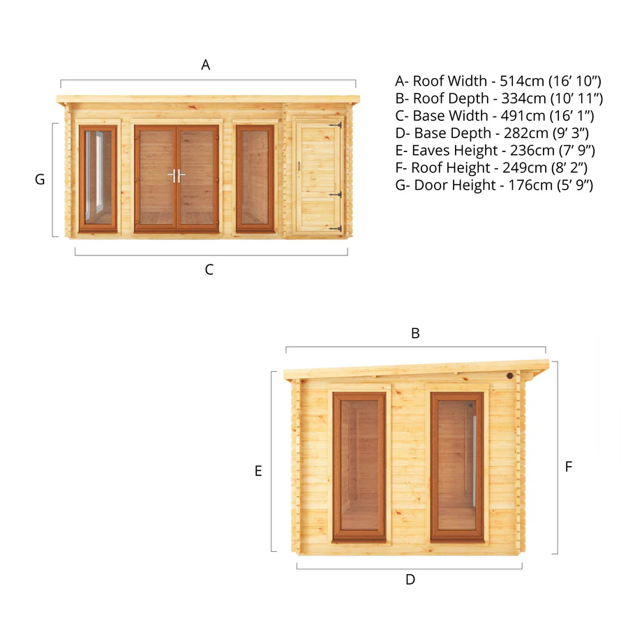 Mercia 44mm Studio Pent Log Cabin With Side Shed (17x10) (5.1m x 3m) (SI-006-042-0004 EAN 5029442018935)