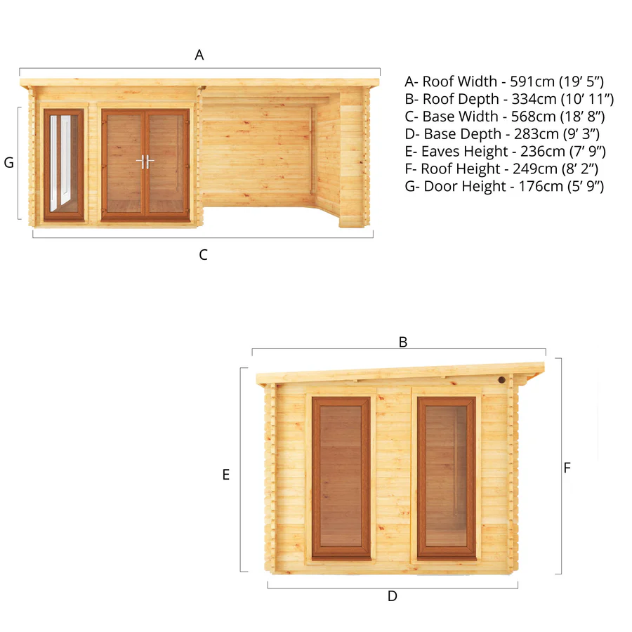 Mercia 44mm Studio Pent Log Cabin With Patio Area (20x10) (6m x 3m) (SI-006-042-0005 EAN 5029442018966)