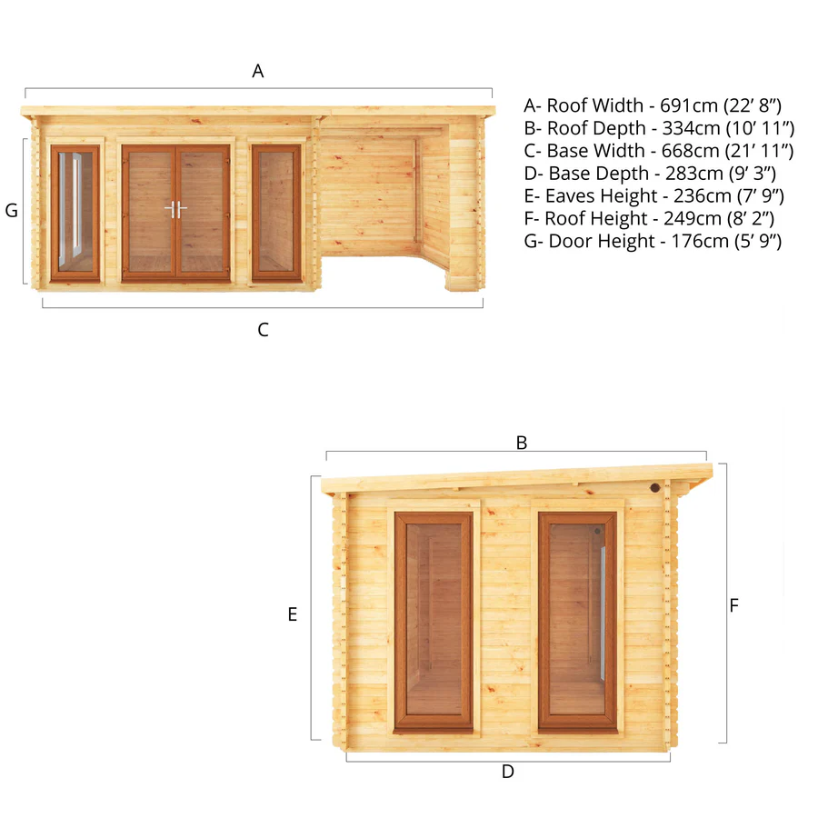 Mercia 44mm Studio Pent Log Cabin With Patio Area (23x10) (7m x 3m) (SI-006-042-0006 EAN 5029442019024)