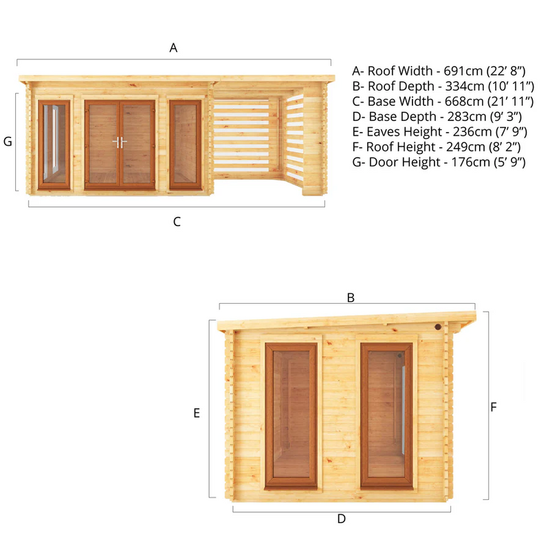 Mercia 44mm Studio Pent Log Cabin With Slatted Area (23x10) (7m x 3m) (SI-006-042-0008 EAN 5029442019055)