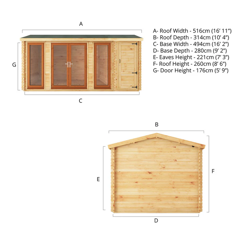 Mercia 44mm Home Office Studio With Side Shed (17x10) (5.1m x 3m) (SI-006-042-0027 EAN 5029442019727)