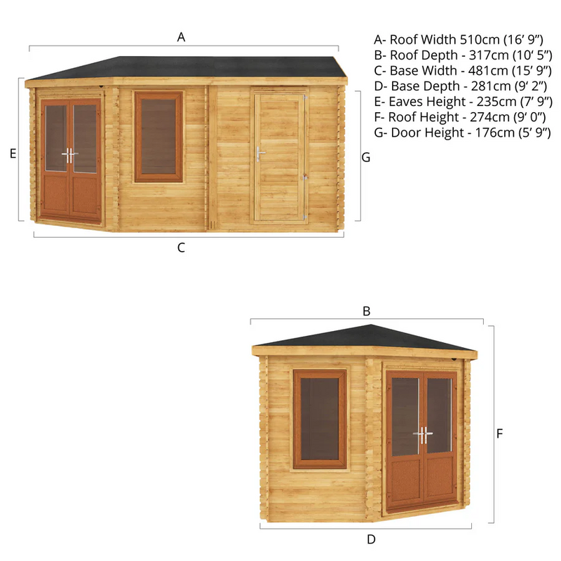 Mercia 44mm Corner Lodge Log Cabin With Side Shed (16x10) (5m x 3m) (SI-006-042-0030 EAN 5029442019291)