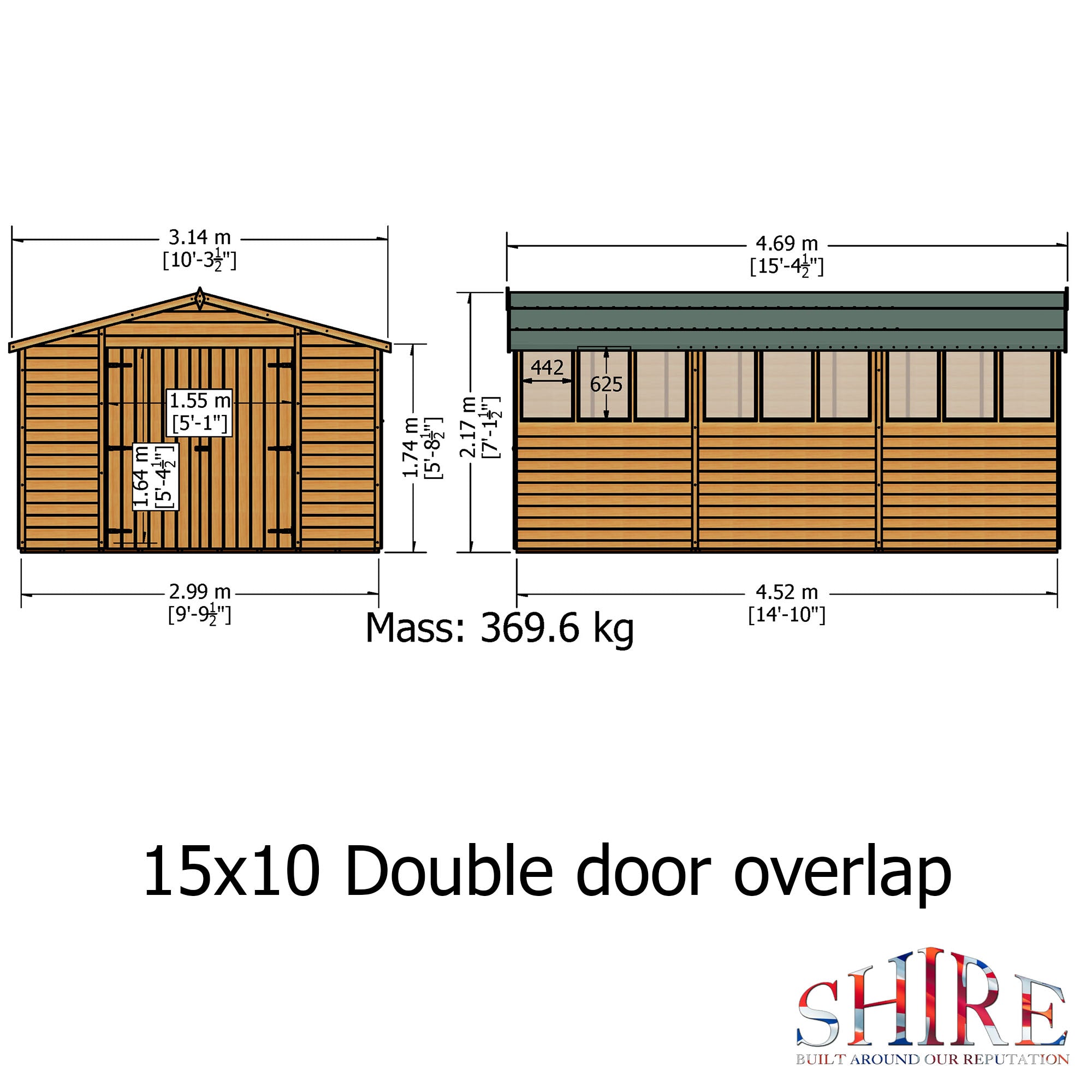 Shire Dip Treated Overlap Shed Double Door With Windows (10x15) OVED1015DOL-1AA 5060490131320 - Outside Store