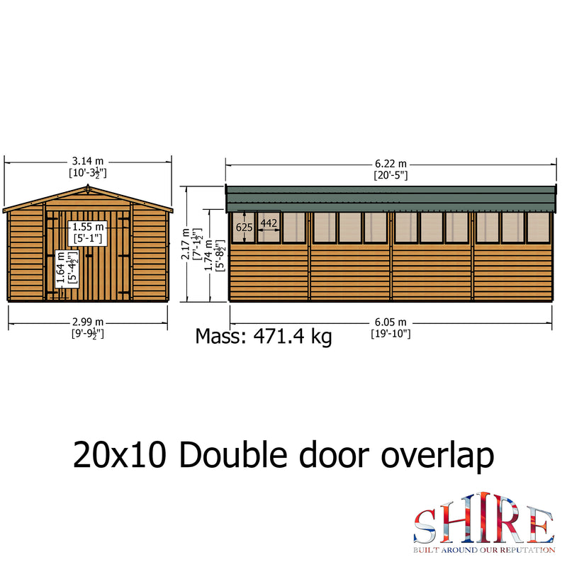 Shire Dip Treated Overlap Shed Double Door With Windows (10x20)  OVED1020DOL-1AA 5060490131337 - Outside Store