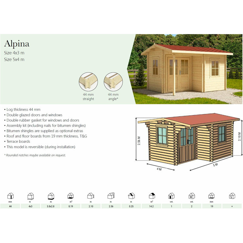 Eurowood (Eurovudas) Alpina Plus Log Cabin 5x4m (16x13), 44mm - Outside Store