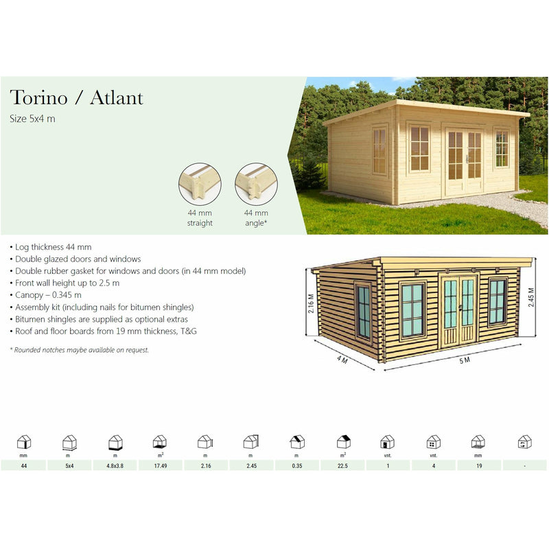 Eurowood (Eurovudas) Atlant Plus Log Cabin 5x4m (16x13), 44mm - Outside Store