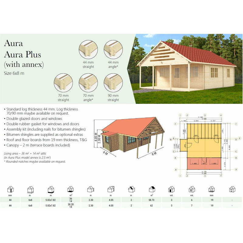 Eurowood (Eurovudas) Aura Wooden summerhouse 6x8m (20x26), 44mm - Outside Store