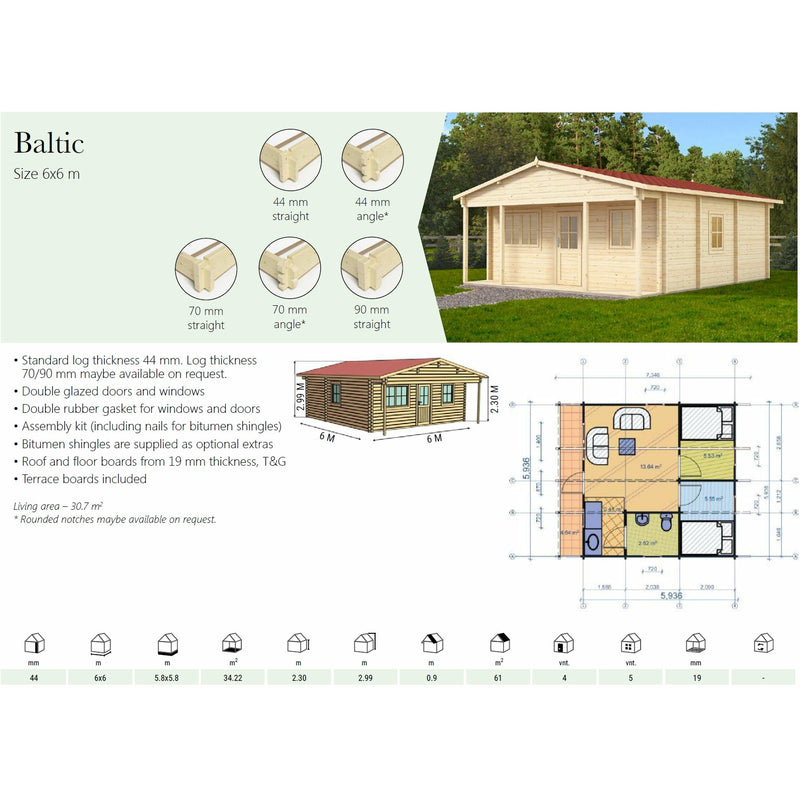 Eurowood (Eurovudas) Baltic Wooden Summerhouse 6x6m (20x20), 70mm - Outside Store