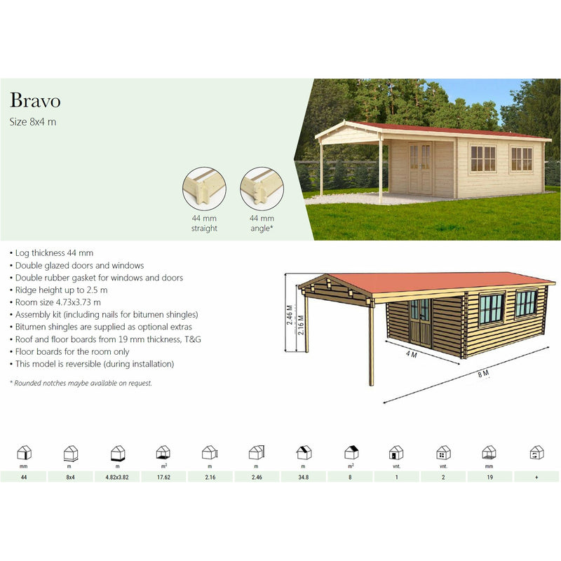 Eurowood (Eurovudas) Bravo Log Cabin 8x4m (26x13), 44mm - Outside Store