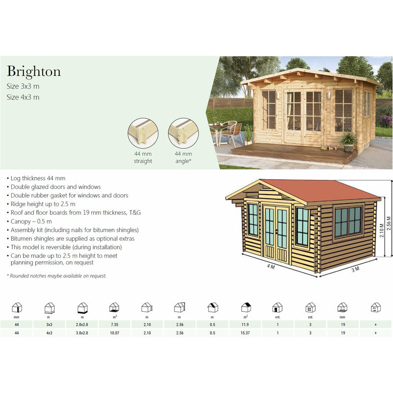 Eurowood (Eurovudas) Brighton Log Cabin 3x3m (10x10), 44mm - Outside Store