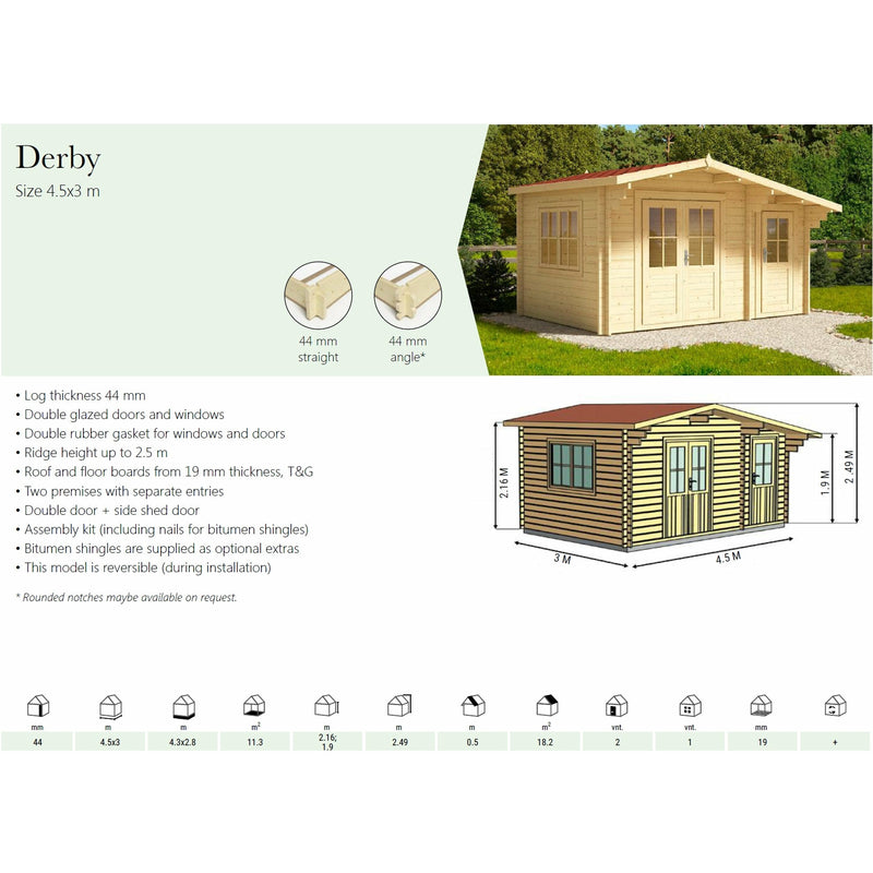 Eurowood (Eurovudas) Derby Log Cabin 4.5x3m (15x10), 44mm - Outside Store