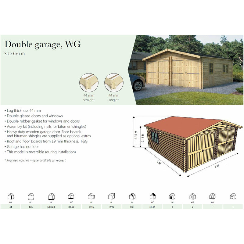 Eurowood (Eurovudas) Wooden Double Garage 6x6m (20x20) , 44mm - Outside Store