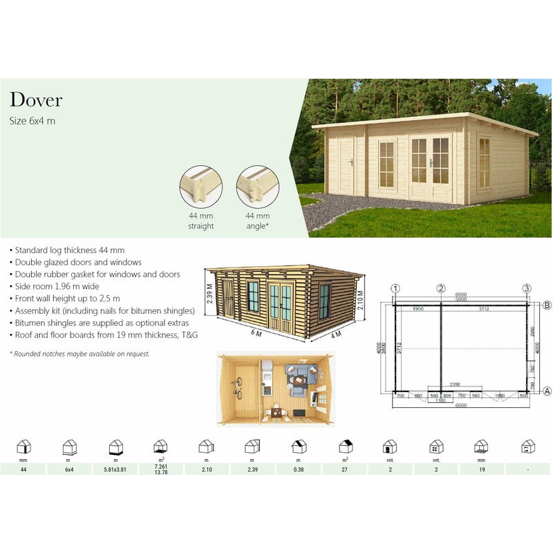 Eurowood (Eurovudas) Dover Log Cabin 6x4m (20x13), 44mm - Outside Store