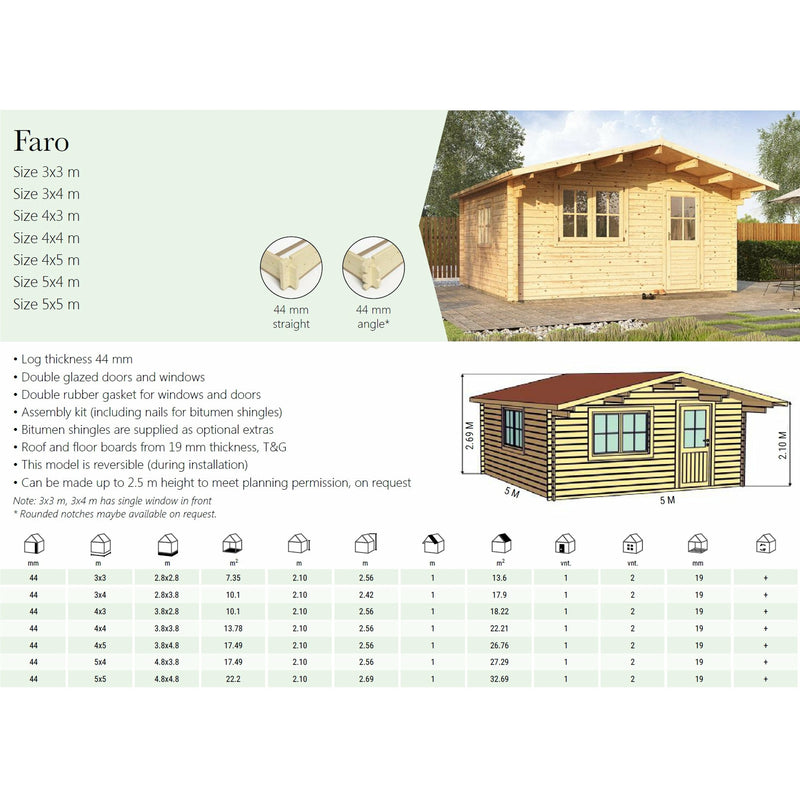 Eurowood (Eurovudas) Faro Log Cabin 4x5m (13x16), 44mm - Outside Store