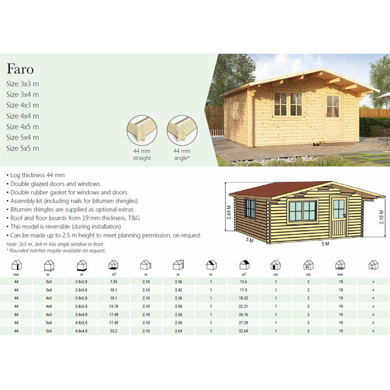 Eurowood (Eurovudas) Faro Log Cabin 4x3m (13x10), 44mm - Outside Store