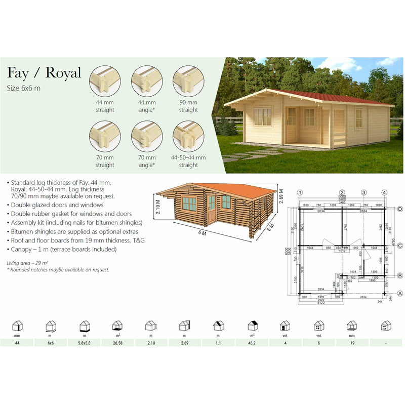 Eurowood (Eurovudas) Fay 29 m2 Wooden Summerhouse 6x6m (20x20), 44mm - Outside Store